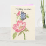 Cartão Borboleta azul bonito na flor cor-de-rosa<br><div class="desc">Flores cor-de-rosa selvagens pintadas e uma borboleta azul no cartão de aniversário. Adicione nomes e outros detalhes.</div>