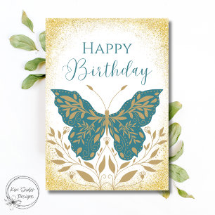 Cartão Borboleta Azul Esmeralda Botânica Feliz Aniversári