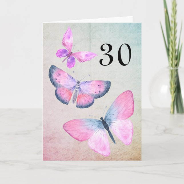 Cartão Borboleta Cinzenta De Aniversário Rosa, Aquarela G (Frente)