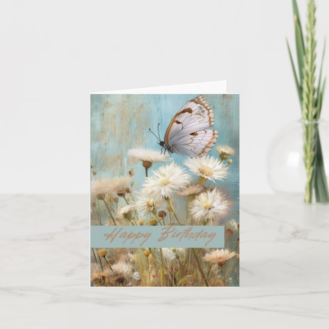 Cartão Borboleta de Flor de Aniversário Aberta e Feliz (Frente)