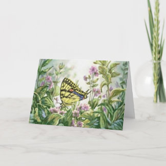 Cartão Borboleta de Swallowtail na pintura dos miosótis