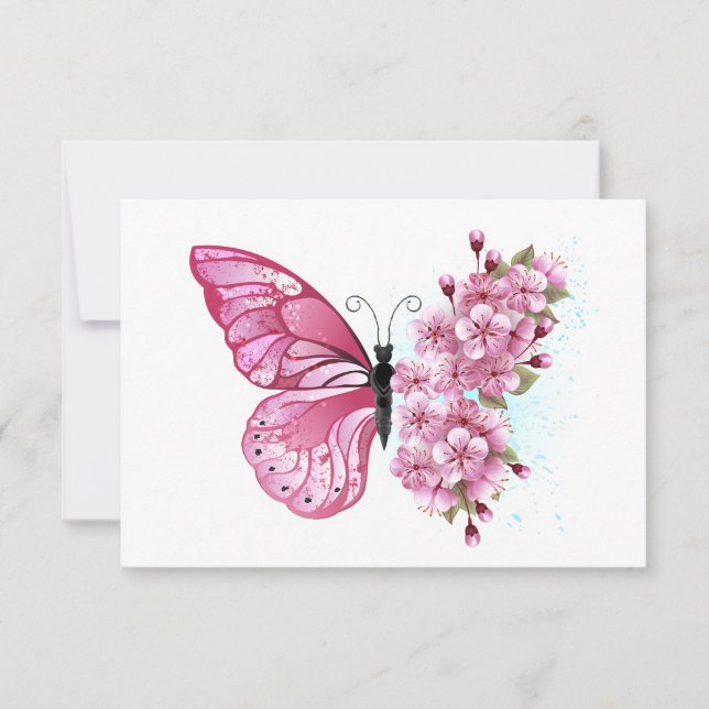 Cartão Borboleta Flor com Sakura Rosa (Frente)