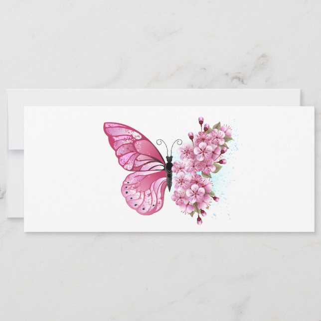 Cartão Borboleta Flor com Sakura Rosa (Frente)