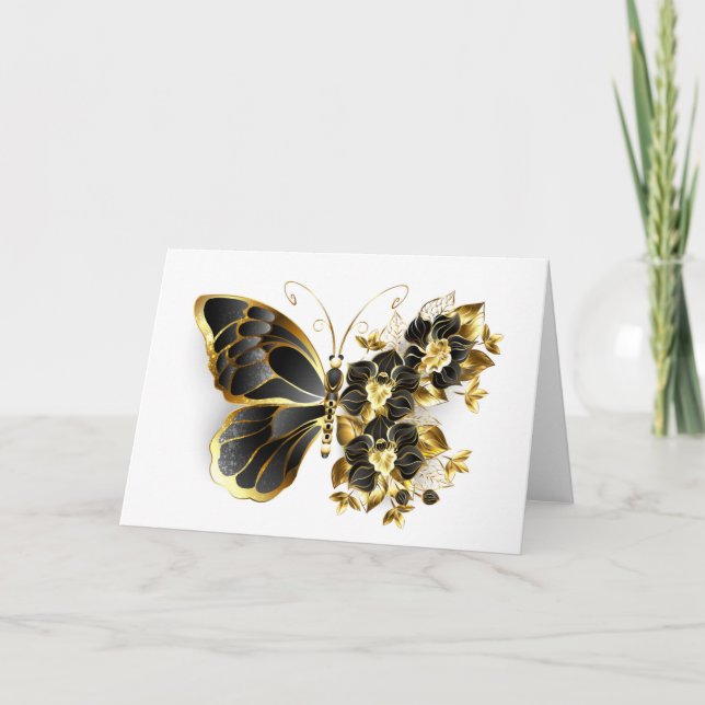 Cartão Borboleta Flor Dourada com Orquídea Preta (Frente)