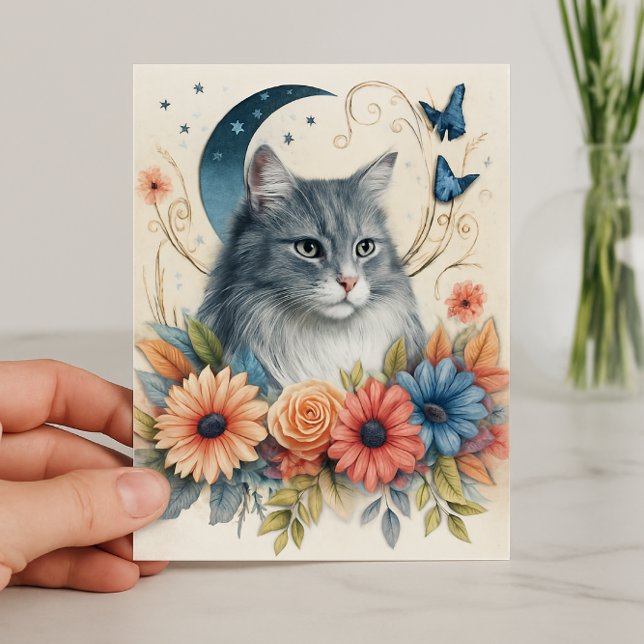 Cartão Borboleta Floral de Gato Cinza  (floral feline stationery for cat lover AI created)