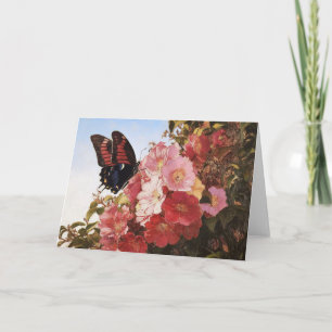 Cartão Borboleta Impressionista e Flores Rosa