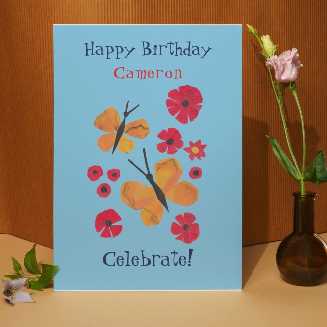 Cartão Borboleta Laranja Moderna do Século Médio (This pretty sky blue birthday card features my own artwork of orange butterflies and red poppies.)