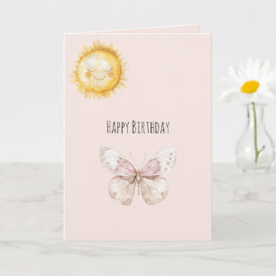 Cartão Borboleta Rosa Bege Mágico Sol Feliz Aniversário