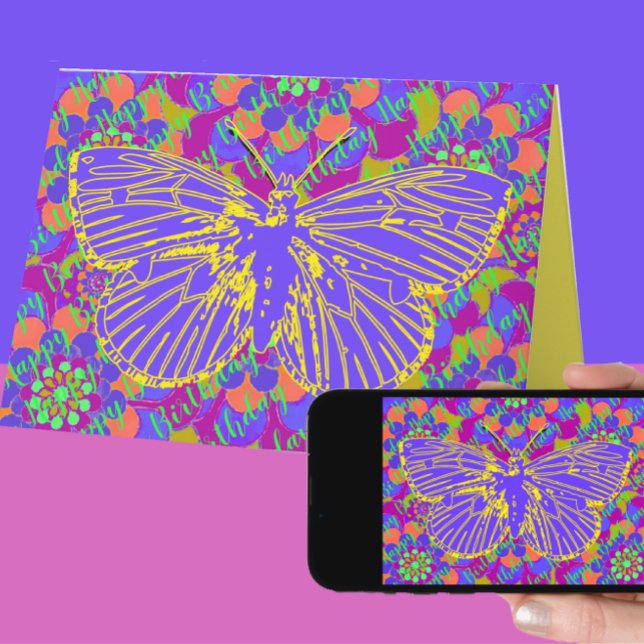 Cartão Borboleta Vibrante e Flores de Vintagem do Mod Ani (Criador carregado)