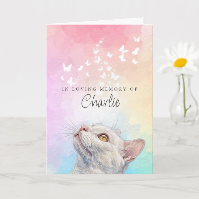 Cartão Borboletas Arco-íris Gato Branco Memorial de Perda (Planta pequena)