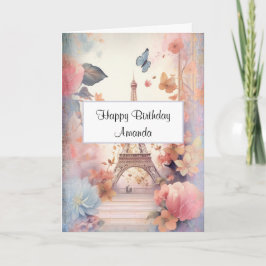 Cartão Borboletas e flores em torre Eiffel Aniversário