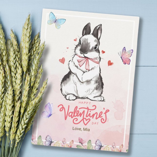 Cartão Borboletas rosa brilhantes e Dia de os namorados c (Whimsy Pink Butterflies & Bunny Valentine's Day Card)