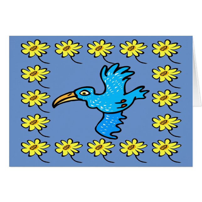 Cartão Borda da Flor do Pássaro Azul, adicionar texto, (Frente Horizontal)