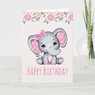 Cartão Borda de aniversário de elefante bebê rosa e rosas