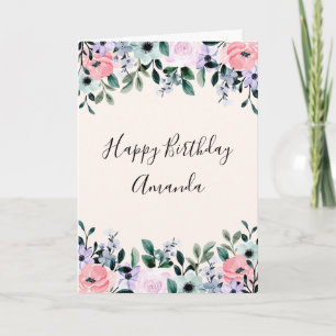 Cartão Borda Floral Aquarela Rosa Roxo Verde