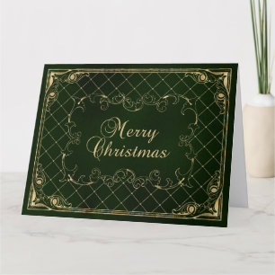 Cartão Borda Ornamentada em Dourado Falso Verde Feliz Nat