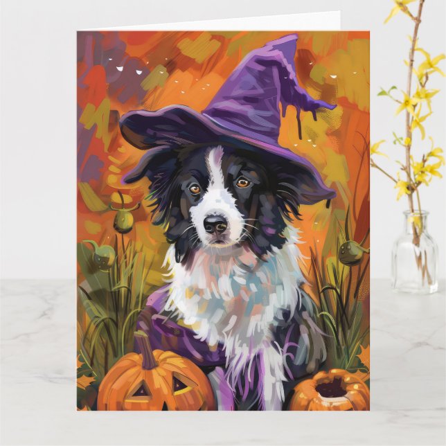 Cartão Borda Spooky Collie Halloween Witch E Pumpkin (Flor Amarela)