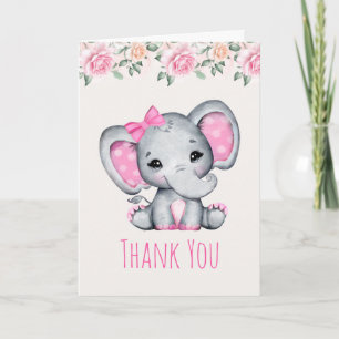 Cartão Bordadura de Elefante Rosa Bebê e Rosas Obrigado