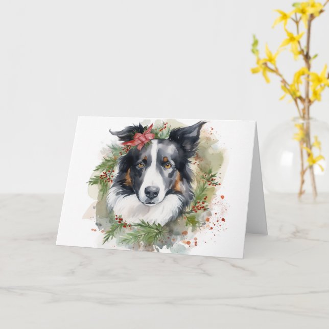 Cartão Border Collie Christmas Wreath Festivo Pup (Flor Amarela)