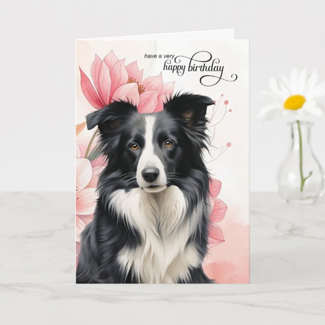 Cartão Border Collie Dog Pink Botanical Flowers Birthday (Planta pequena)