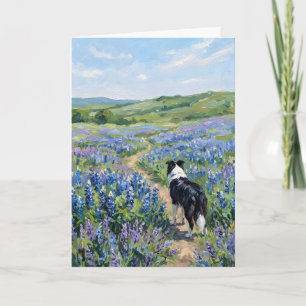 Cartão Border Collie em Flores Roxas Em Branco