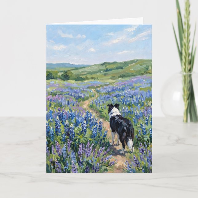 Cartão Border Collie em Flores Roxas Em Branco (Frente)