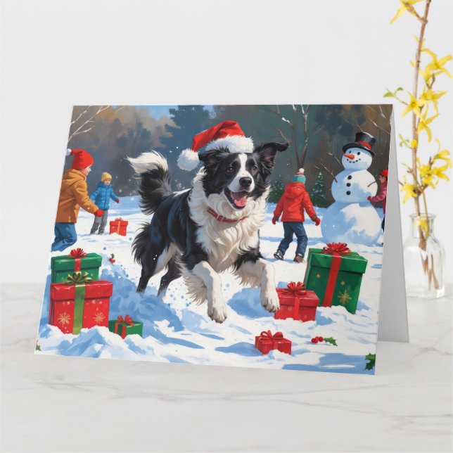Cartão Border Collie em Santa Hat jogando neve (Flor Amarela)