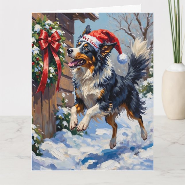 Cartão Border Collie Mid-Air Christmas Bow Catch Hat (Frente)