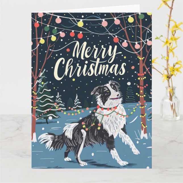 Cartão Border Collie no Natal da Neve (Flor Amarela)