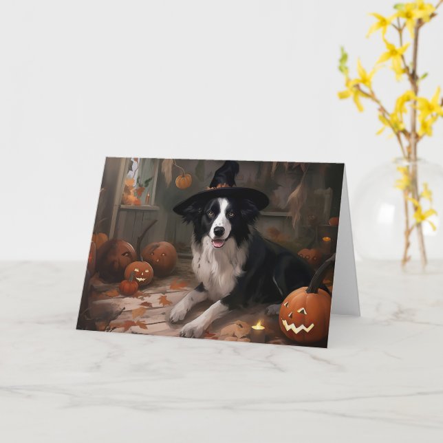 Cartão Border Collie Pumpkins Halloween Assustado (Flor Amarela)