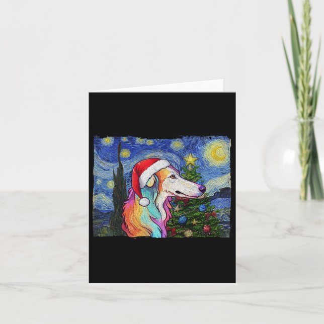 Cartão Borzoi Santa Hat Natal Starry Night Dog Art Pa (Frente)