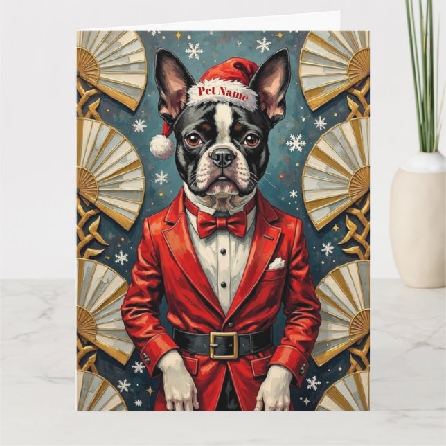 Cartão Boston Terrier Art Deco Christmas Tuxedo Hat (Frente)