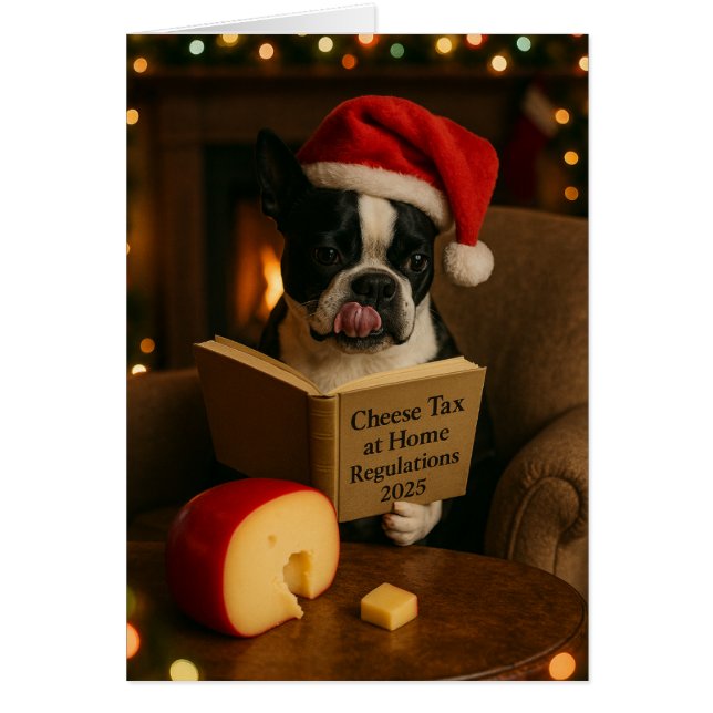 Cartão Boston Terrier 'Cheese Tax' Christmas card (Frente)