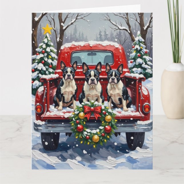 Cartão Boston Terrier Christmas Red Truck Holiday (Frente)