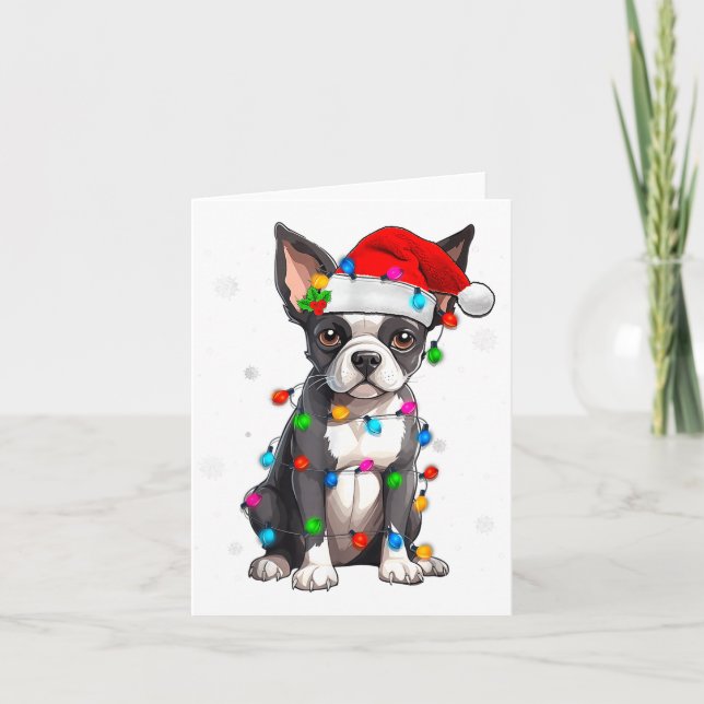 Cartão Boston Terrier Christmas Santa Hat Tree Lights Paj (Frente)