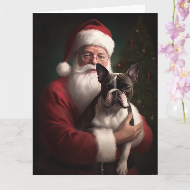 Cartão Boston Terrier com Papai Noel Natal Festivo (Orquídea)