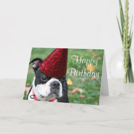 Cartão Boston terrier com um chapéu de aniversário