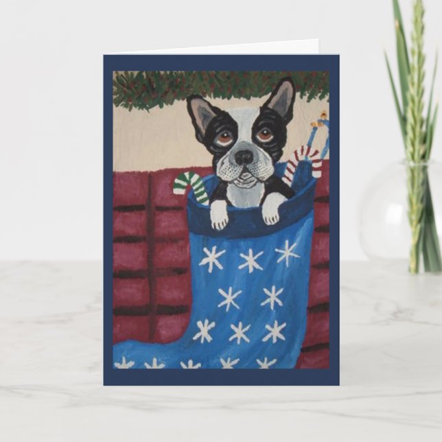 Cartão Boston Terrier de Natal em uma meia (Frente)