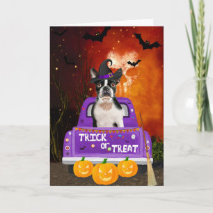 Cartão Boston Terrier Dog em Halloween Truck