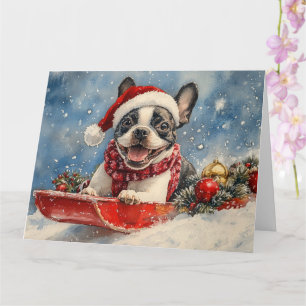 Cartão Boston Terrier Dog Sledge Deixe-o nevar no Natal