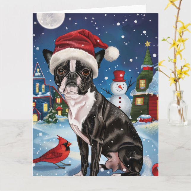 Cartão Boston Terrier Dog Winter Wonderland Natal Joy (Flor Amarela)