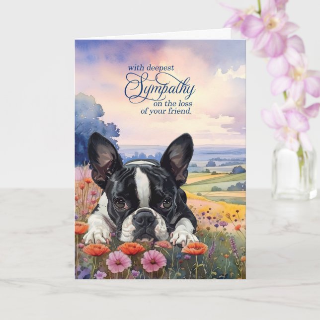 Cartão Boston Terrier Dog with Wildflowers Pet Sympathy (Orquídea)