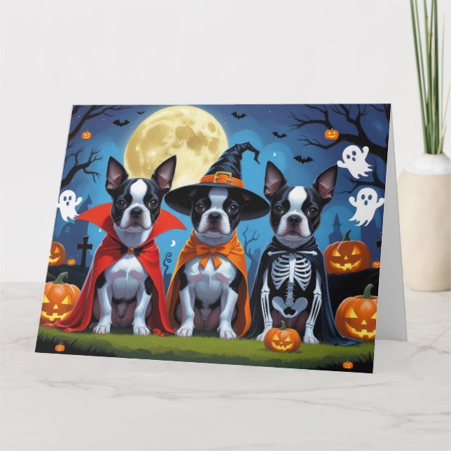 Cartão Boston Terrier Dogs Pumpkin Halloween Engraçado (Frente)