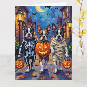 Cartão Boston Terrier Dogs Trick-or-Tratating in Hallowee