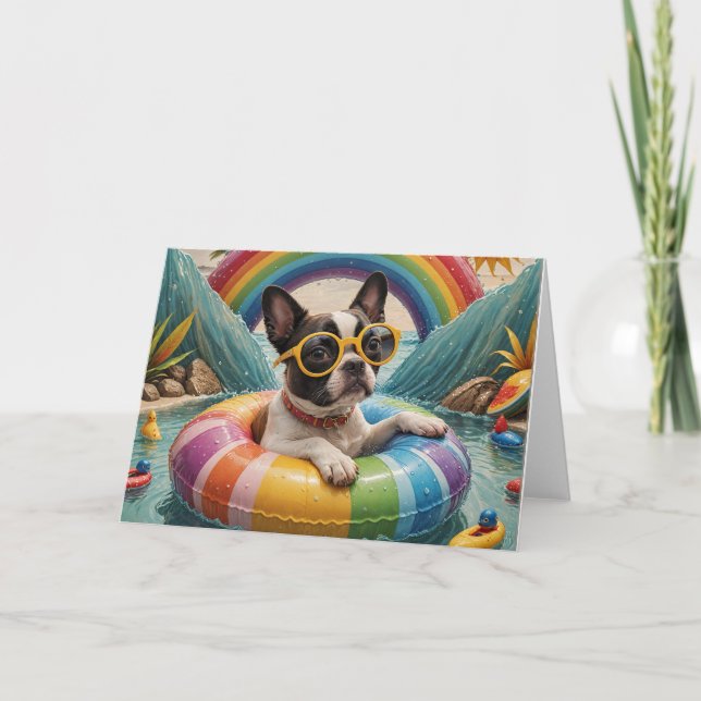Cartão Boston Terrier flutuando em um dia de verão (Frente)