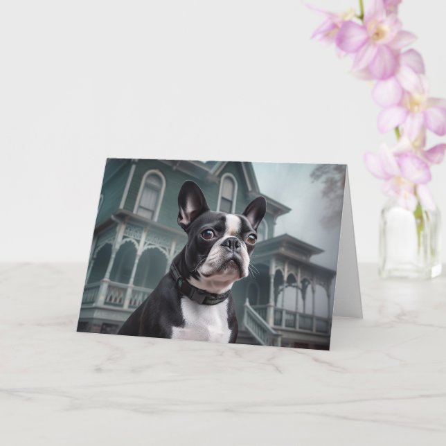 Cartão Boston Terrier Halloween Assustador (Orquídea)