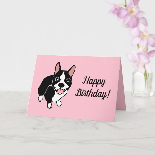 Cartão Boston Terrier Pink Aniversário Feliz (Orquídea)