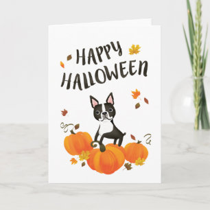 Cartão Boston Terrier Pumpkin Fall Sai do Halloween