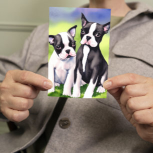 Cartão Boston Terrier Puppies Saudação por Aquarela