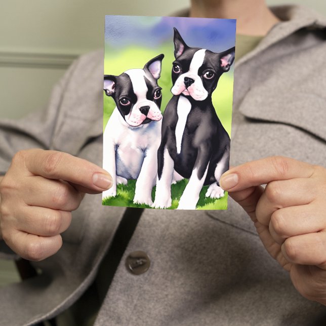 Cartão Boston Terrier Puppies Saudação por Aquarela (Criador carregado)